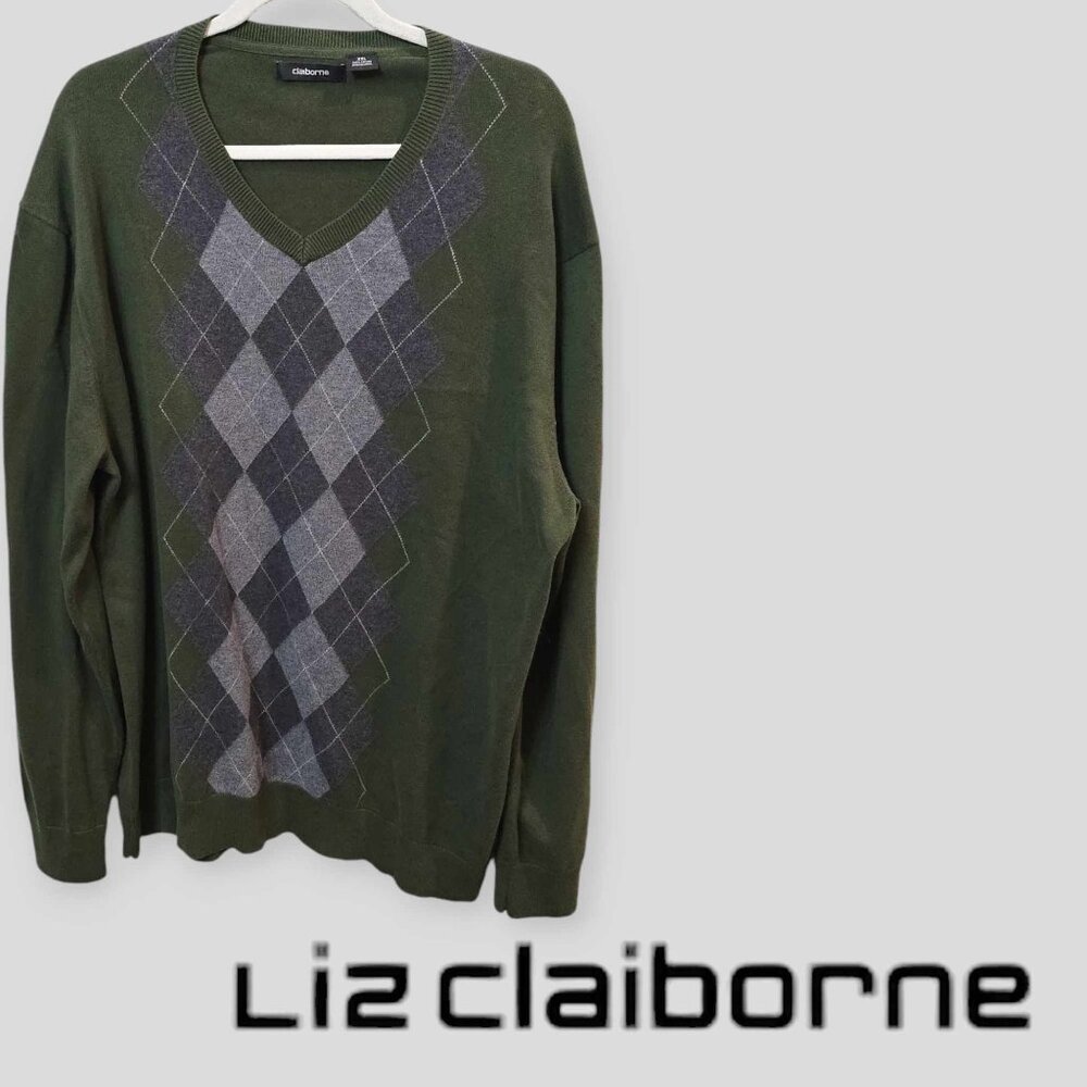 Liz Claiborne Men's Green Argyle V Neck Cotton Longsleeve Sweater Pullover  XXL
